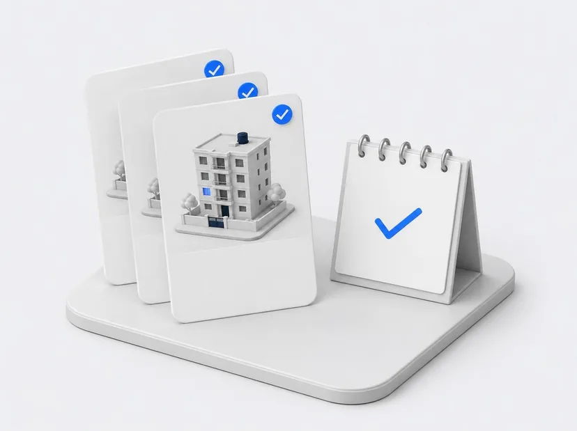 Listing cards with blue ticks beside a calendar