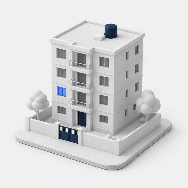 A white apartment block with a blue gate, the SpotRentt building